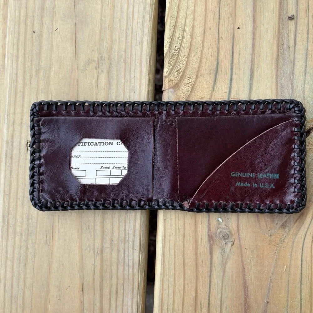 Vintage Leather Wallet Hand Tooled Bi-Fold Handmade Whipstitch Steam Engine